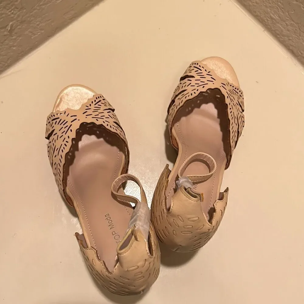 Top Moda Women's 10 Laser Cut Strappy Wedge Heel Beige Tan Neutral Coastal Beach